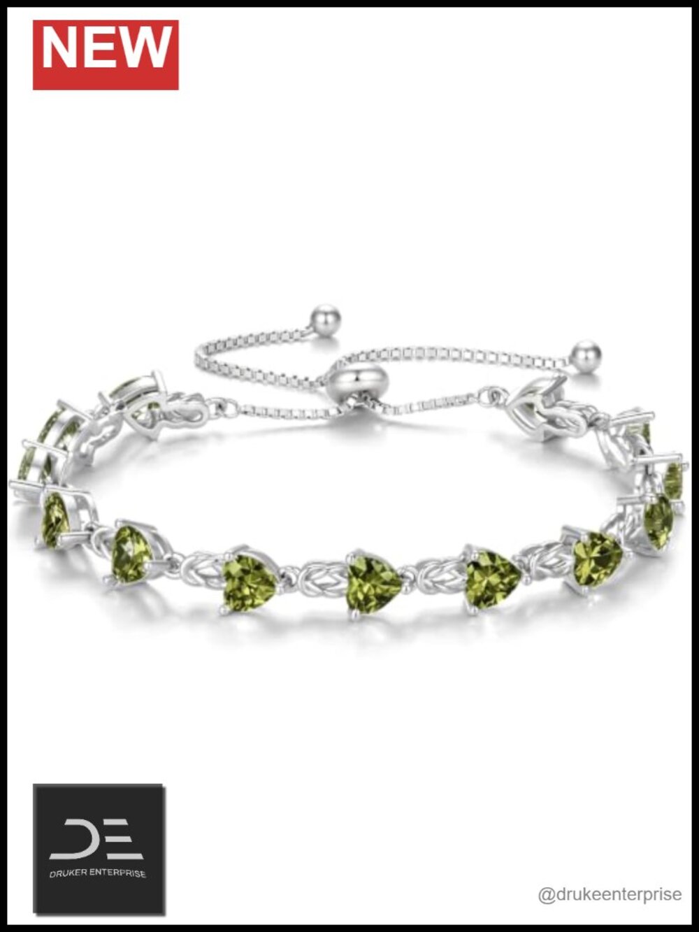 Sterling Silver Peridot Heart Tennis Bracelet Adjustable for Women
